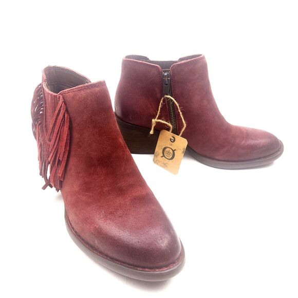 Børn Shoes - Born Danni Red Suede Leather Distressed Fringe Ankle Boots Womens 6.5 M Heel